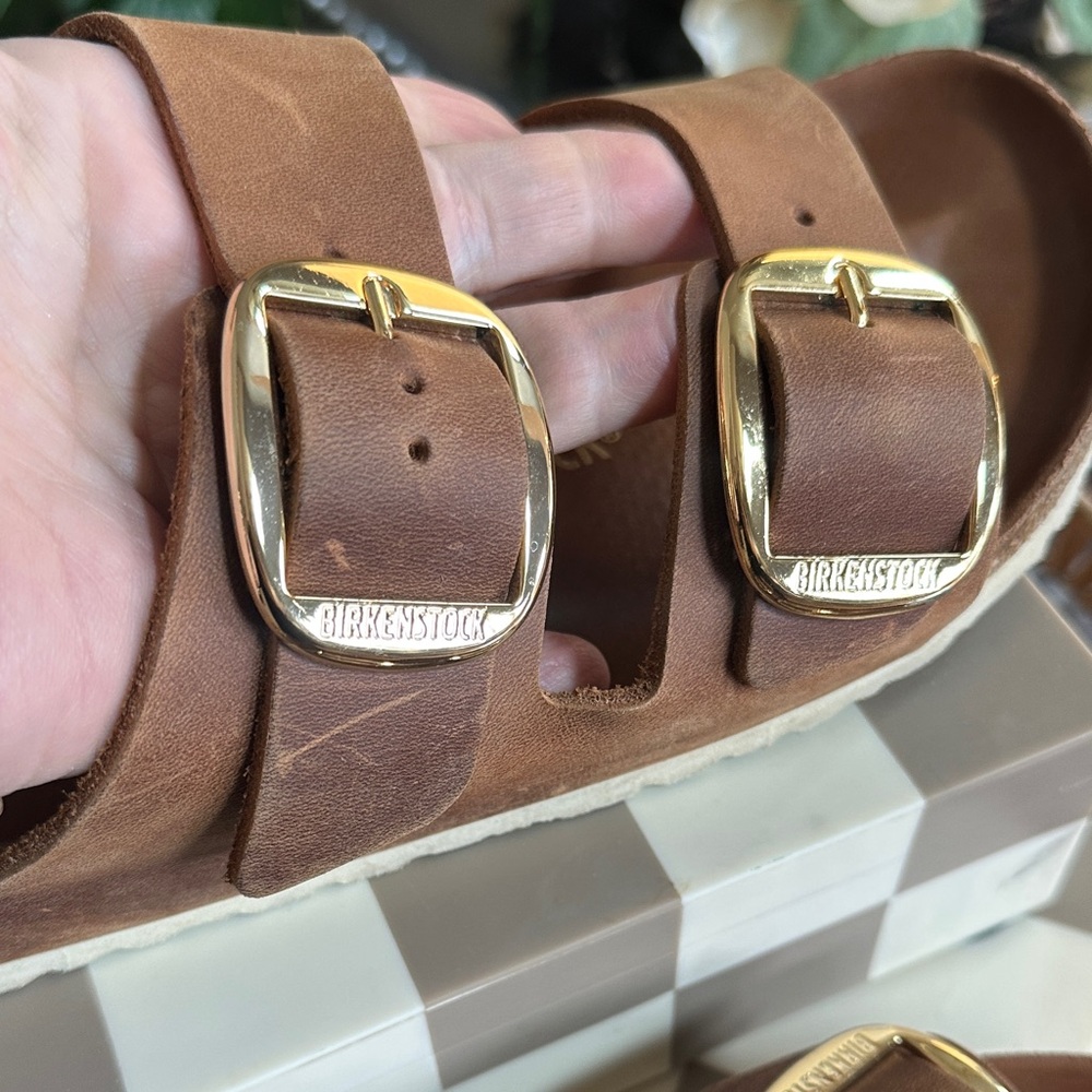 Birkenstock Brown Leather Arizona Sandals with Gold Buckles - Picture 4 of 11